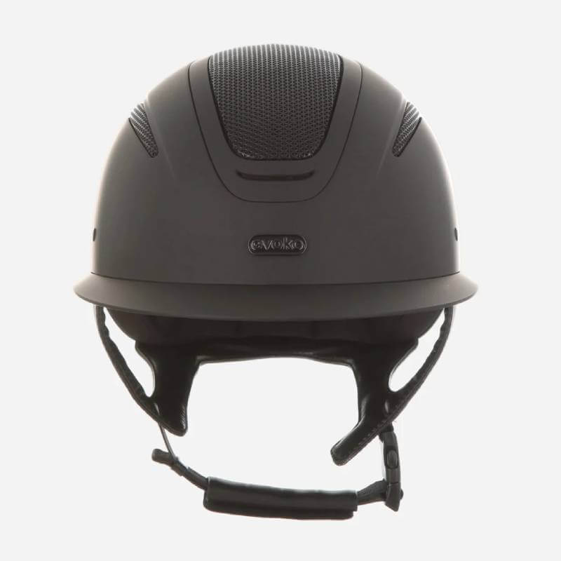 Evoke Elara Wide Peak Midnight Black Matt Helmet, front view with chin strap on white background.