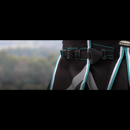 Close-up of a buckle on a Weatherbeeta Comfitec Ultra Hardi Detach-A-Neck in blue/white.