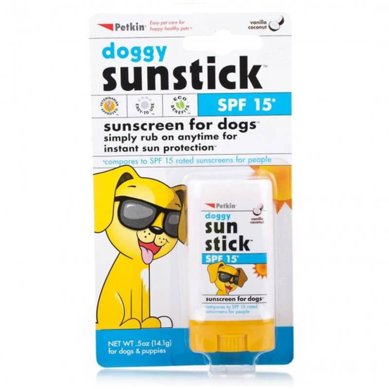 Petkin Doggy Sunstick Sunscreen SPF 15 for dogs in a fun package with a cartoon dog in sunglasses.