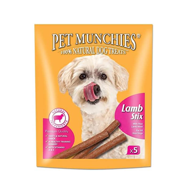 Pet Munchies Lamb Stix 50g bag featuring a small dog licking its nose.