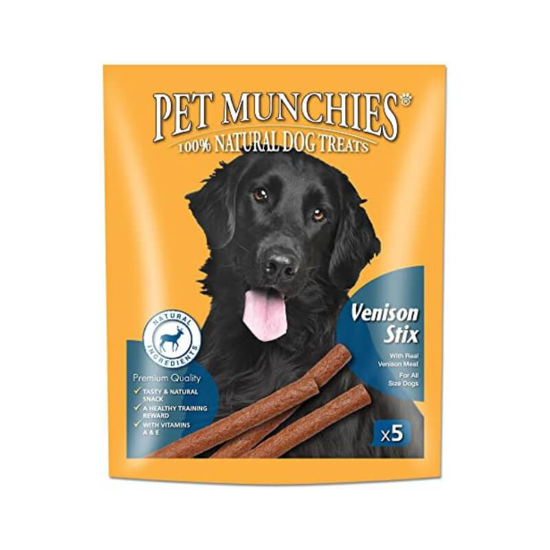 Pet Munchies Venison Stix 50g—natural dog treats with a black dog on the packaging.