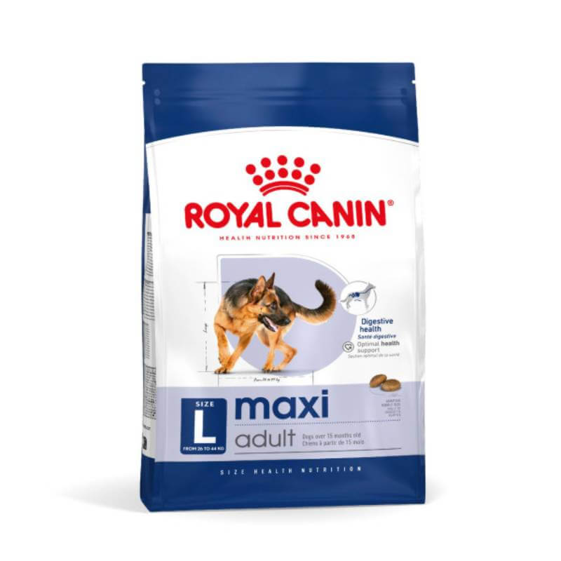 Royal Canin Maxi Adult dog food supports digestive health for large breeds like German Shepherds.