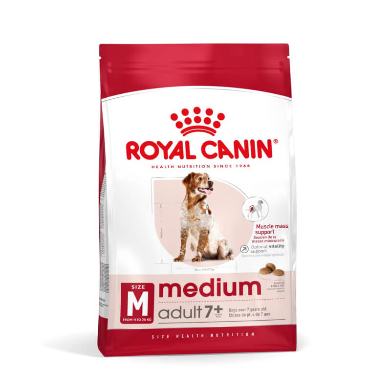Royal Canin Medium Adult 7+ dog food for medium dogs aged 7+; red and white bag.