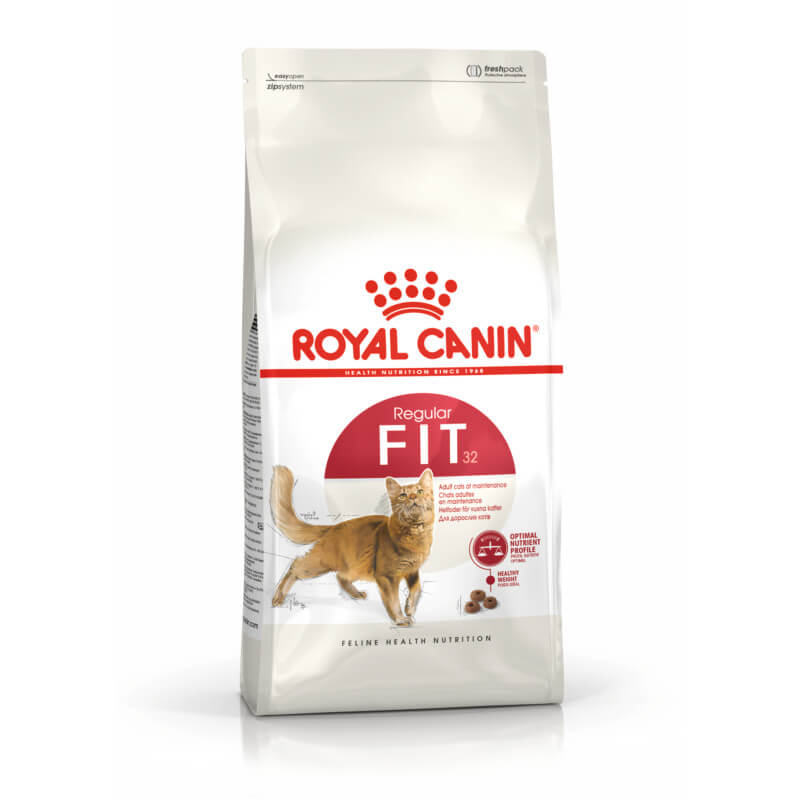 Royal Canin Fit adult cat food aids hairball control; features signature red branding.