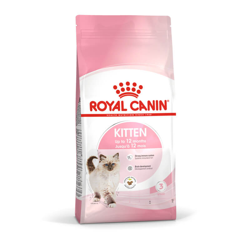 Royal Canin Kitten pink and white bag featuring kitten nutrition on the front.