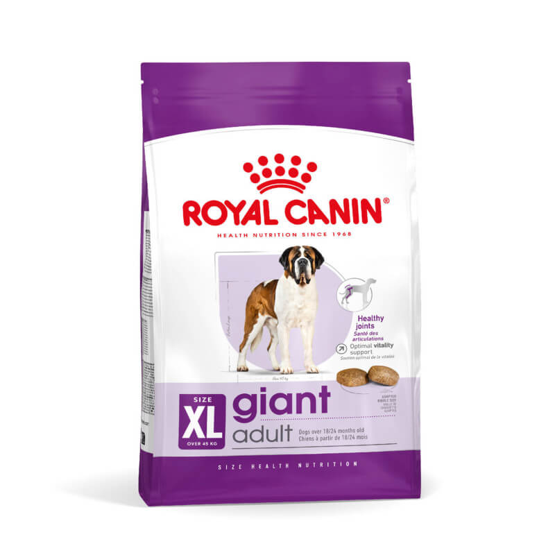 Royal Canin Giant Adult dog food supports joint and bone health in giant breed adult dogs.