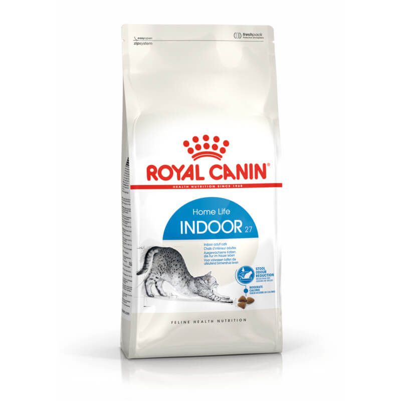 Royal Canin Indoor cat food supports hairball reduction and features a cat illustration on the bag.