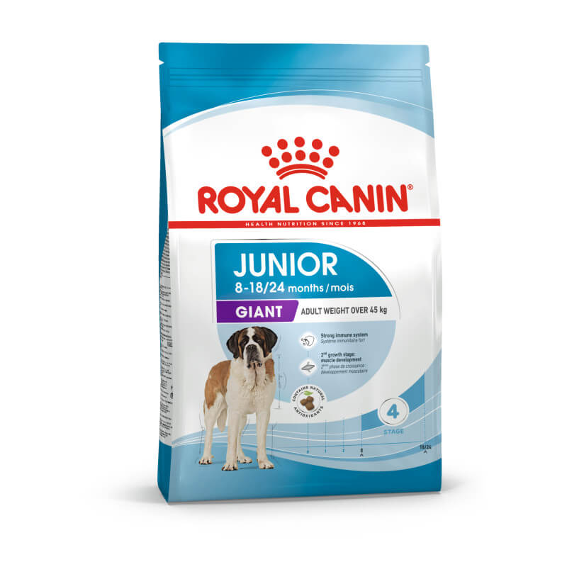 Royal Canin Giant Junior puppy food supports muscle and bone development in giant breeds.