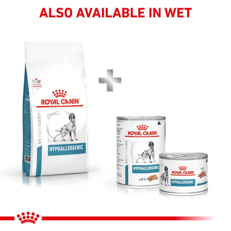 Royal Canin Veterinary Canine Hypoallergenic dry food bag and two cans with red text above.