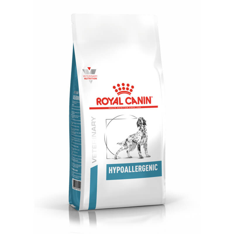 White bag of Royal Canin Veterinary Canine Hypoallergenic dry food with dog illustration.