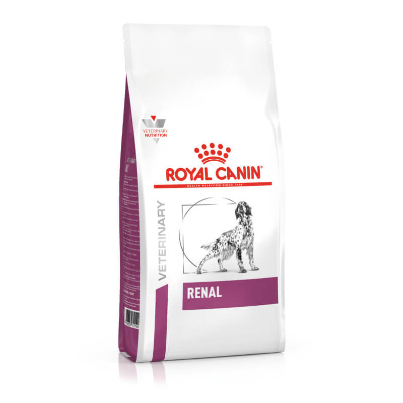 Royal Canin Veterinary Canine Renal Dry Dog Food in white pack for kidney care.