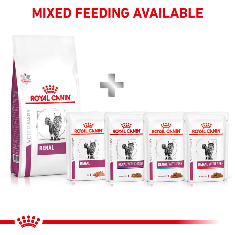 Royal Canin Veterinary Feline Renal Dry Food with cat illustration on the front of the bag.