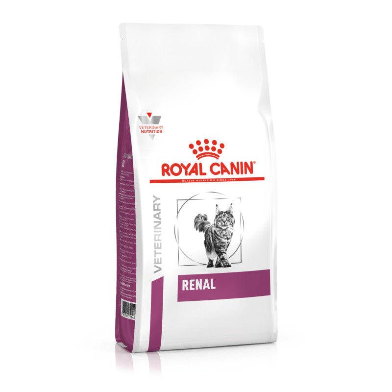 Royal Canin Veterinary Feline Renal Dry Food supports kidney health in cats.
