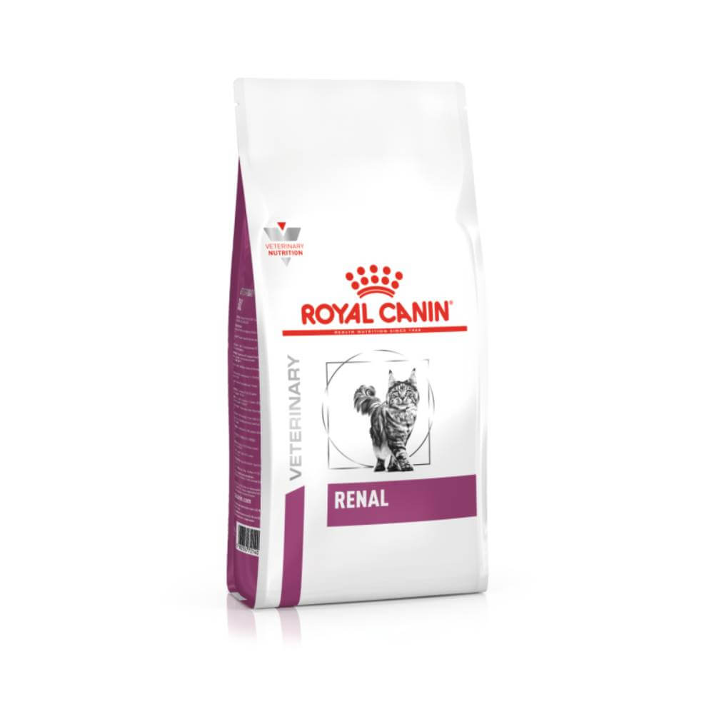 Royal Canin Veterinary Feline Renal Dry Food with cat illustration on the front of the bag.
