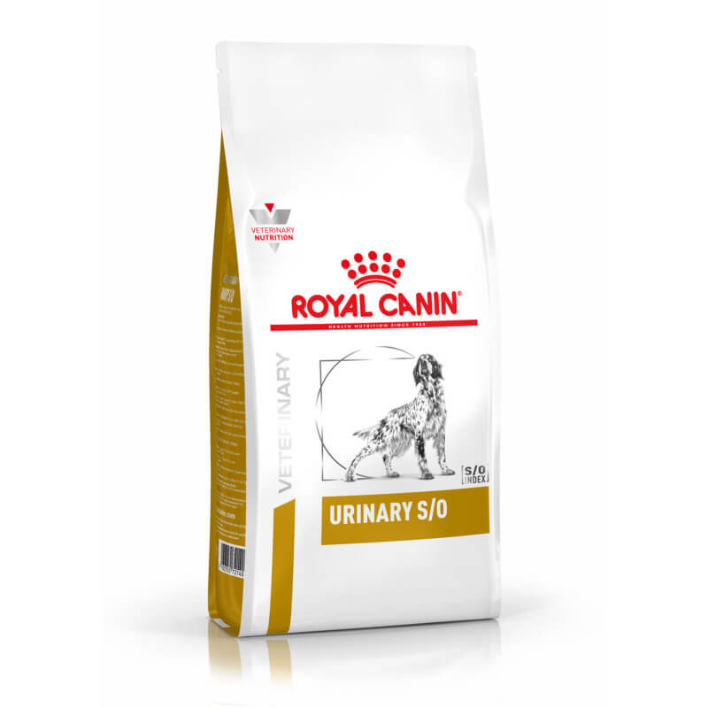 Royal Canin Veterinary Canine Urinary S/O dog food bag with a dog image on the front.
