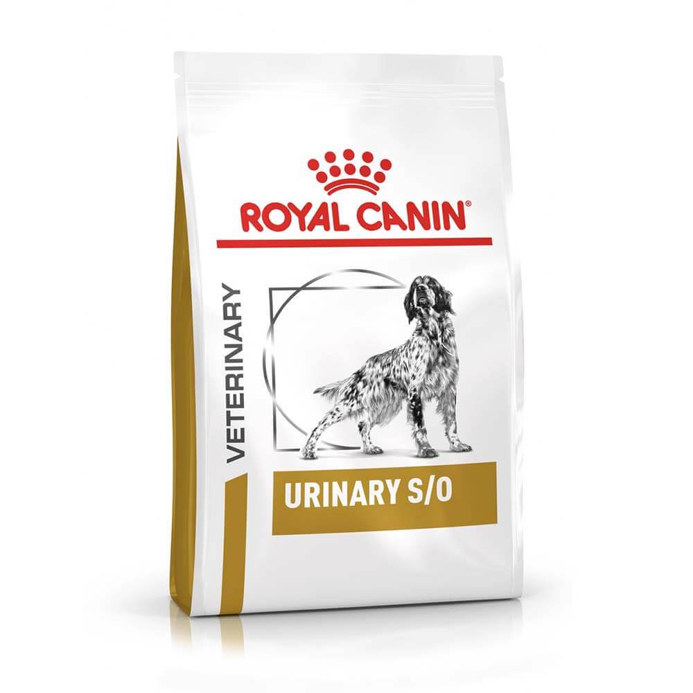 A bag of Royal Canin Veterinary Canine Urinary S/O dog food with a dog illustration.