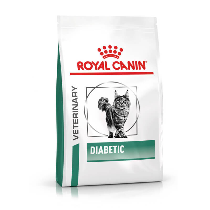 White bag of Royal Canin Veterinary Feline Diabetic cat food for diabetic cats.