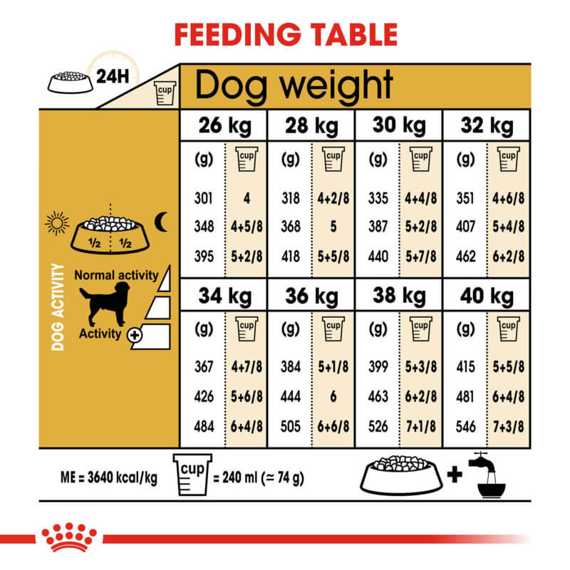 Royal Canin Labrador Retriever feeding table for weight and joint health in grams and cups.