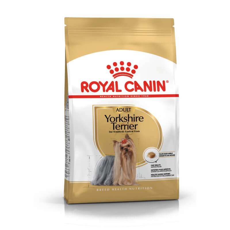 Royal Canin Yorkshire Terrier dog food supports adult Yorkies' coat health.
