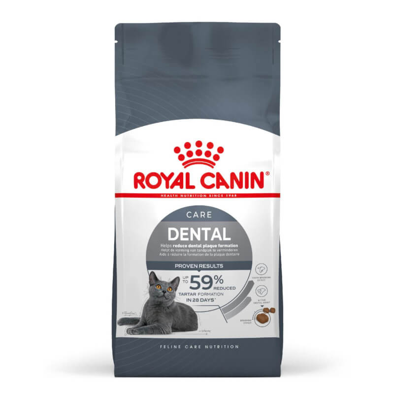 Royal Canin Feline Dental Care Dry Food bag highlights product info and tartar control benefits.