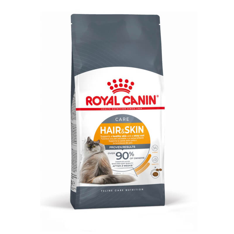 Royal Canin Hair & Skin Care dry cat food supports healthy skin and coat.