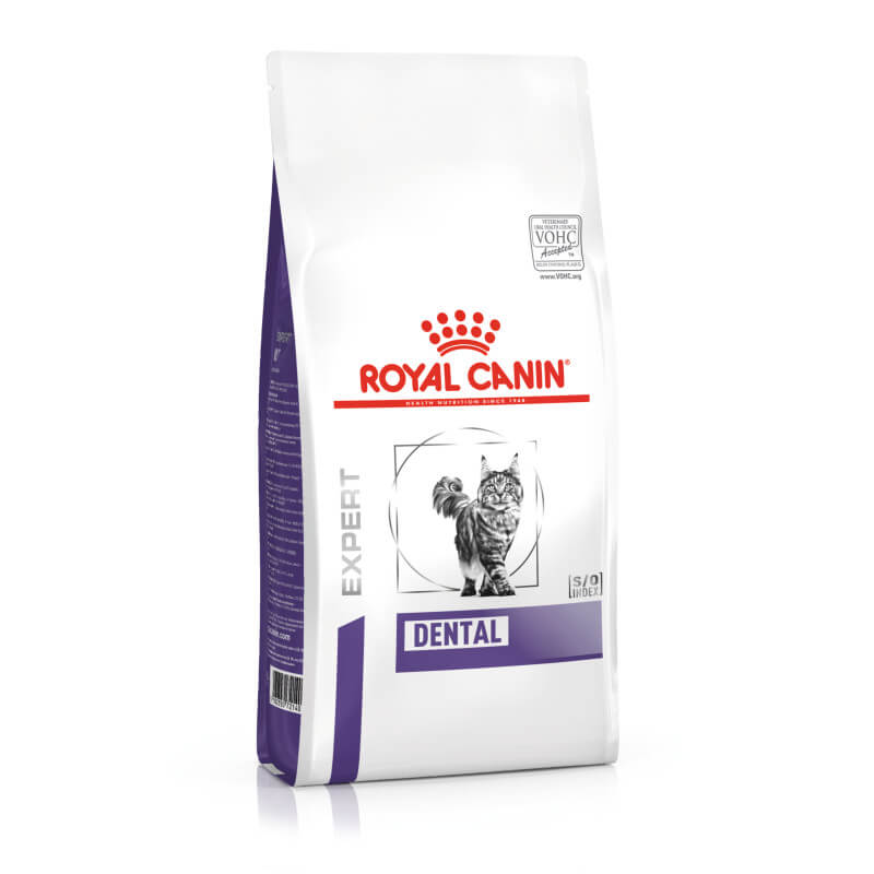 White bag of Royal Canin Veterinary Feline Dental Dry Food with cat image, supports tartar control.
