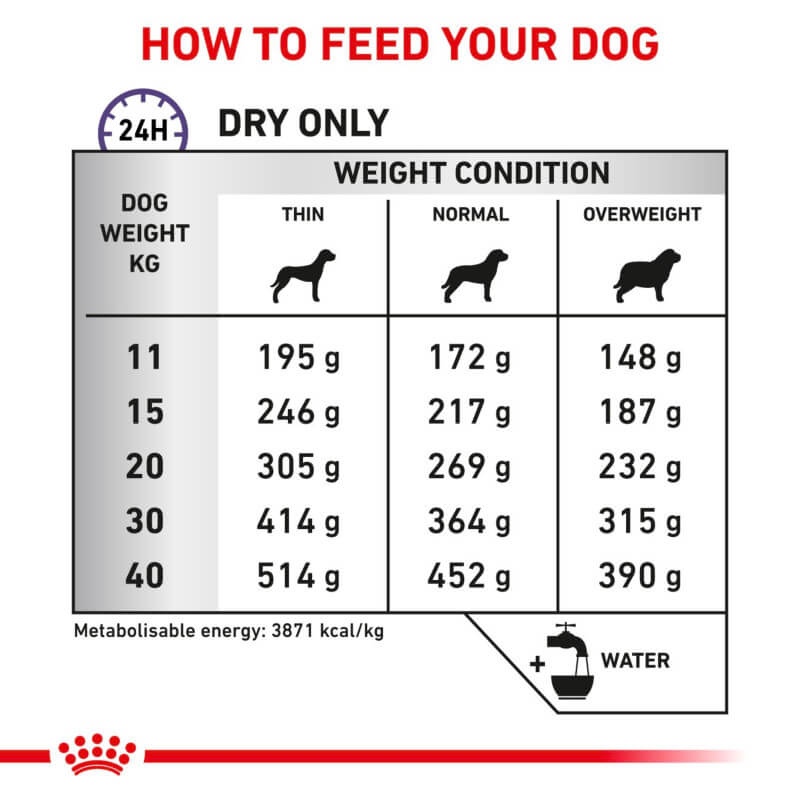 Chart of daily Royal Canin Veterinary Dental Adult Dog Food amounts by weight and condition.
