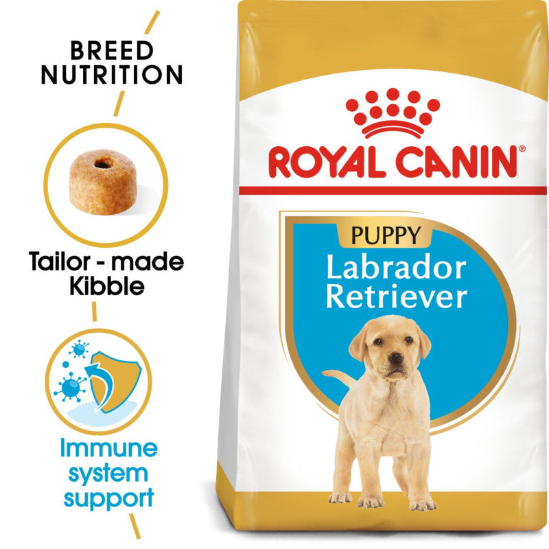 Royal Canin Labrador Retriever Puppy with kibble and Puppy Immune Support icons shown.