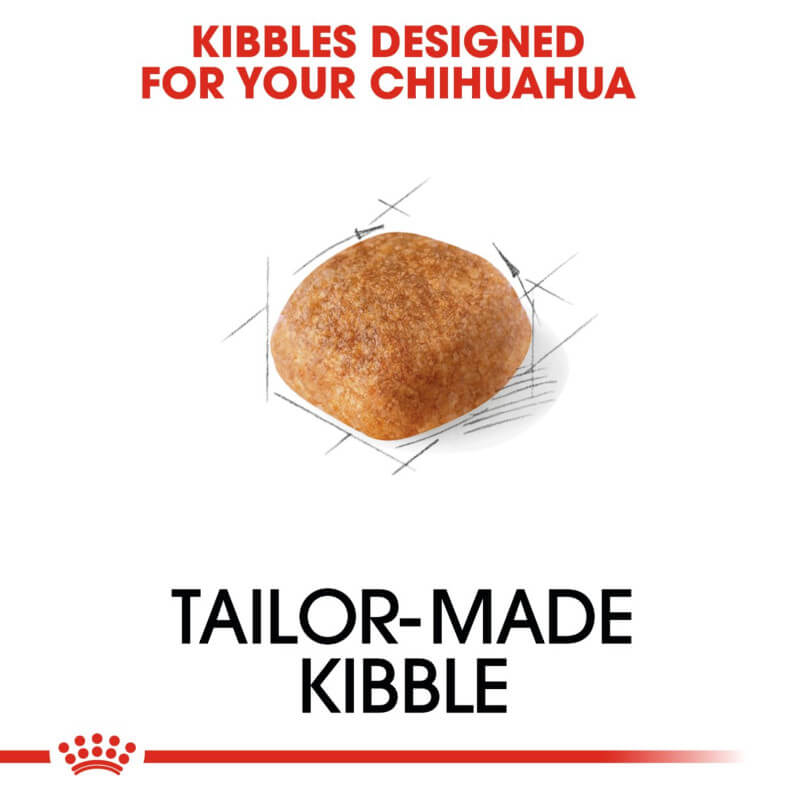 A single brown kibble with text: Royal Canin Chihuahua—crafted for adult Chihuahua nutrition.