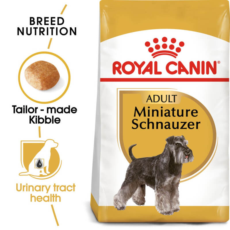 Royal Canin Miniature Schnauzer dog food supports skin and coat health with kibble.