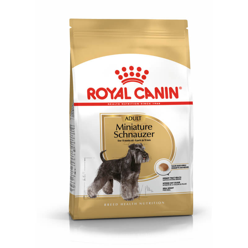 Royal Canin Miniature Schnauzer dog food supports coat, skin, and urinary health.