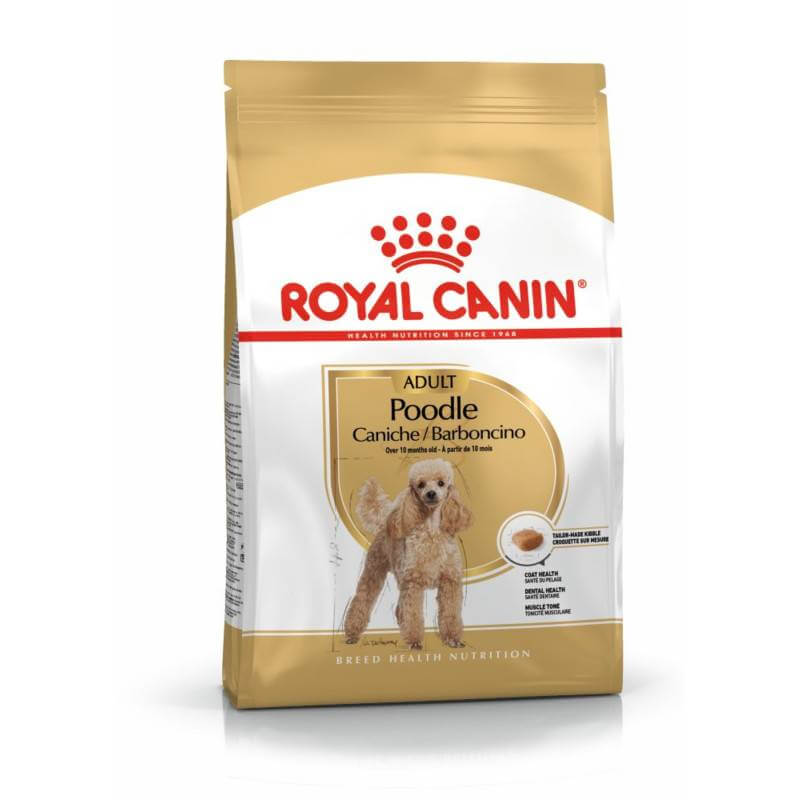 Royal Canin Poodle dog food bag with a poodle image on the front.