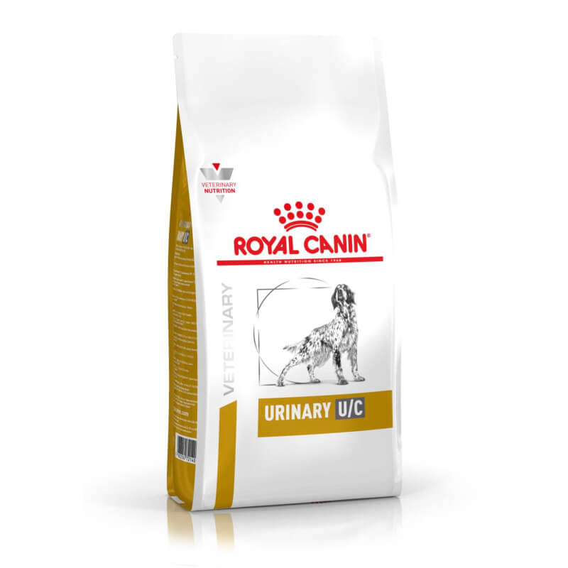 Royal Canin Veterinary Urinary U/C Adult Dry Dog Food 14kg bag for urinary health.