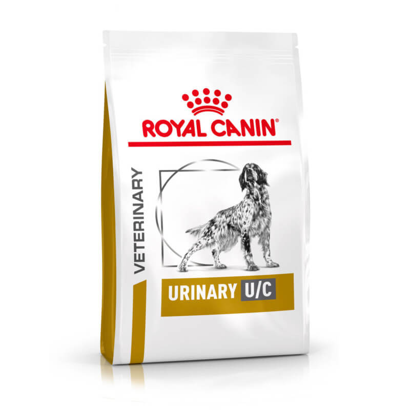 Royal Canin Veterinary Urinary U/C Adult Dry Dog Food 14kg with a dog illustration on the bag.