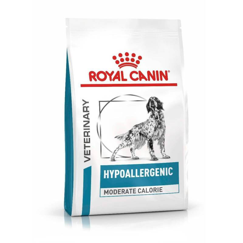 Bag of Royal Canin Veterinary Canine Hypoallergenic Moderate Calorie dog food with dog image.