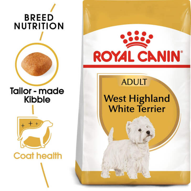 Royal Canin West Highland White Terrier dog food supports healthy skin and coat.
