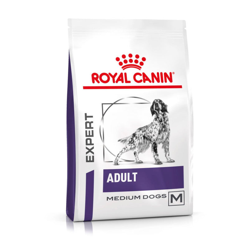 Royal Canin Veterinary Adult Dry Medium Dog Food bag for adults with black and white dog art.