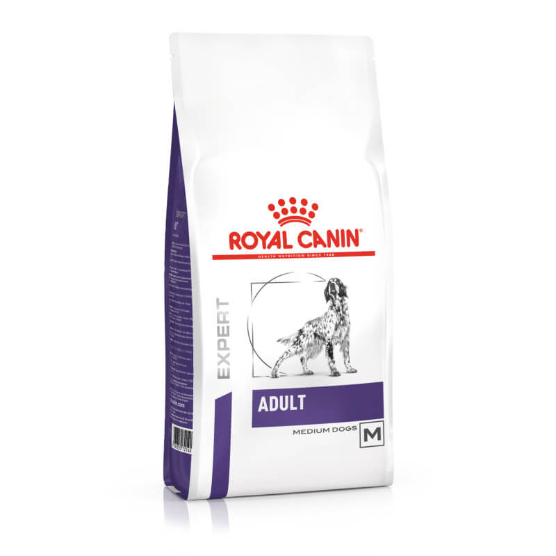 Royal Canin Veterinary Adult Dry Medium Dog Food with dog illustration on the front.
