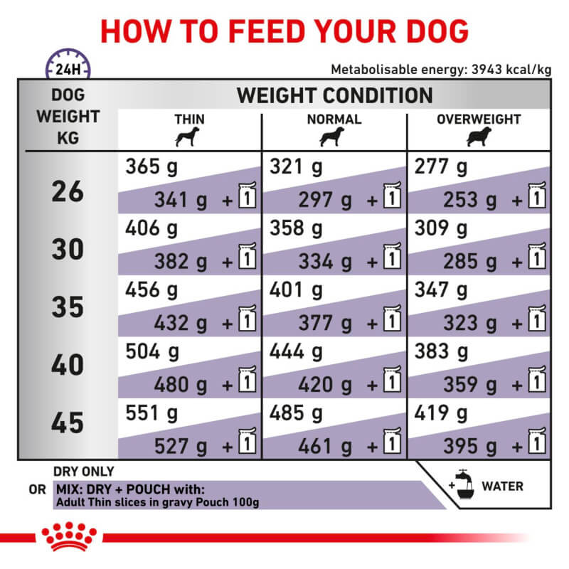 Royal Canin Veterinary feeding chart for Adult Dry Large Dog Food, with wet food options.