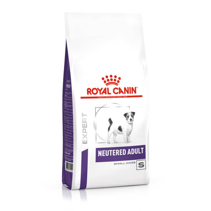 White bag of Royal Canin Veterinary Neutered Adult Dry Small Dog Food for weight control.