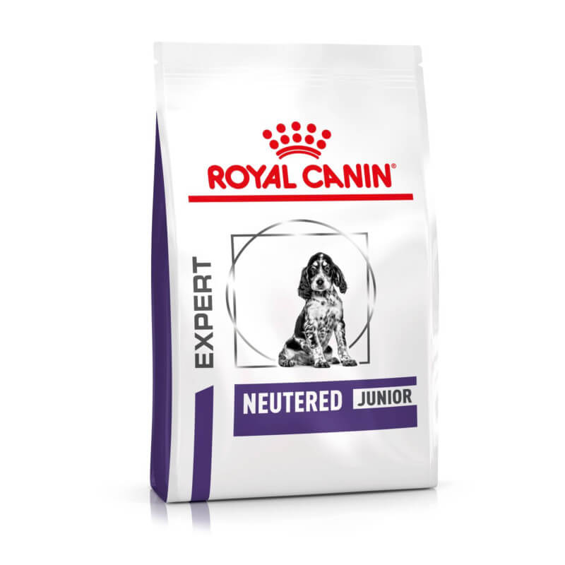 Royal Canin Veterinary Neutered Junior Dry Dog Food for medium puppies, with dog illustration.
