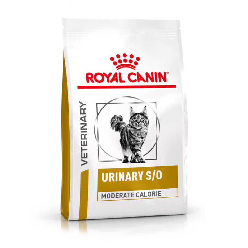 A bag of Royal Canin Veterinary Feline Urinary Moderate Calorie cat food for struvite dissolution.