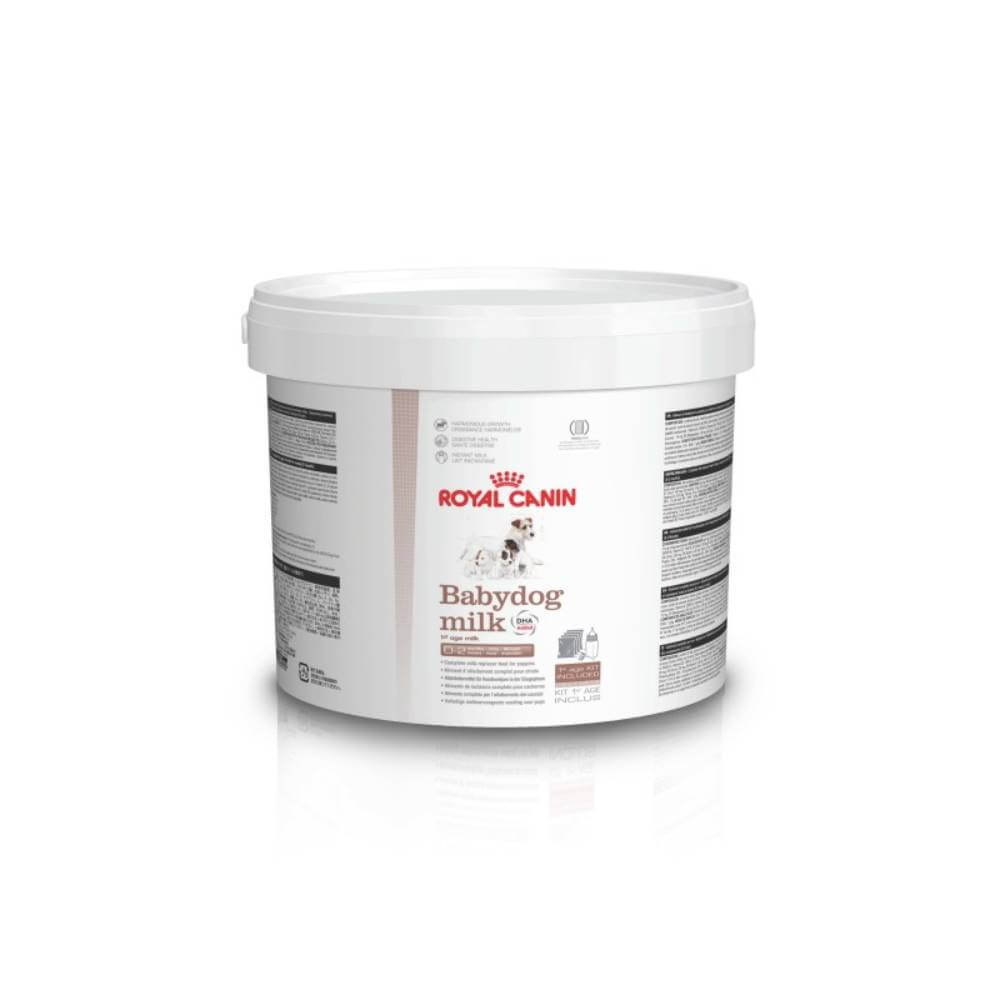 Royal Canin Baby Dog Milk: ideal milk formula for first age puppies, with puppy illustration.