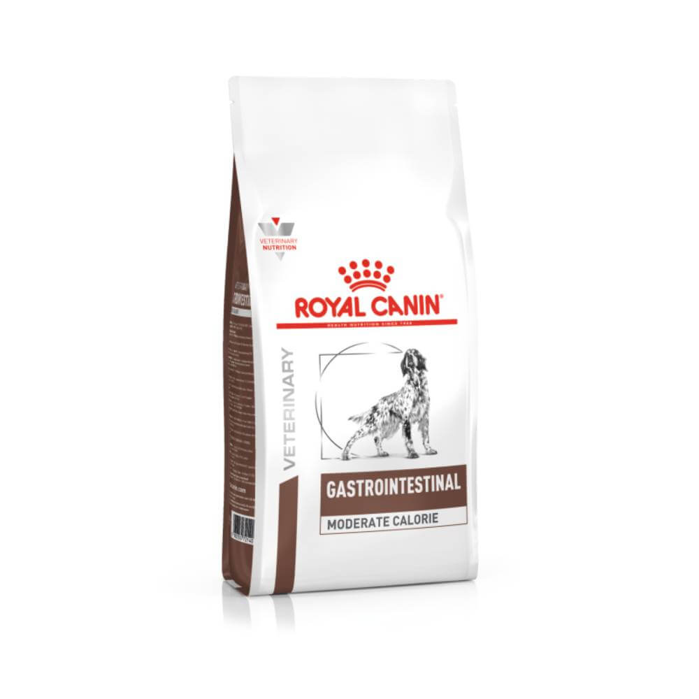 Royal Canin Veterinary Gastro Intestinal Moderate Calorie supports digestive health in dogs.