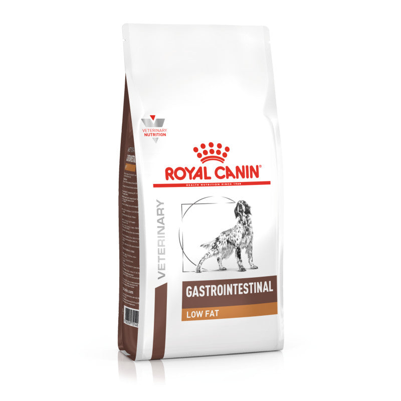 Royal Canin Veterinary Gastro Intestinal Low Fat dog food bag with dog illustration on front.