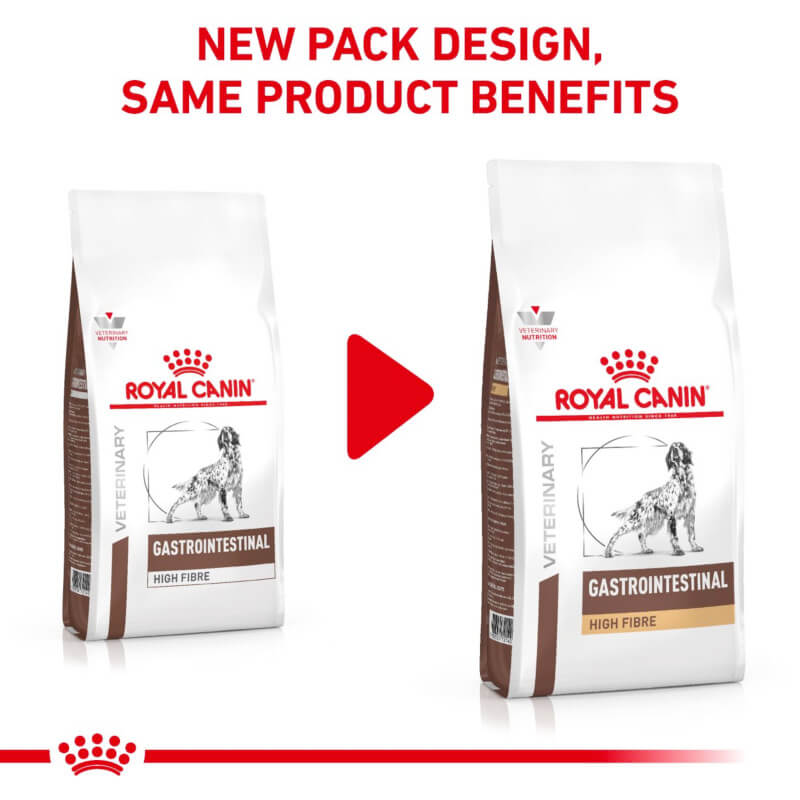 Royal Canin Veterinary Gastro Intestinal High Fibre dog food—now in updated packaging.