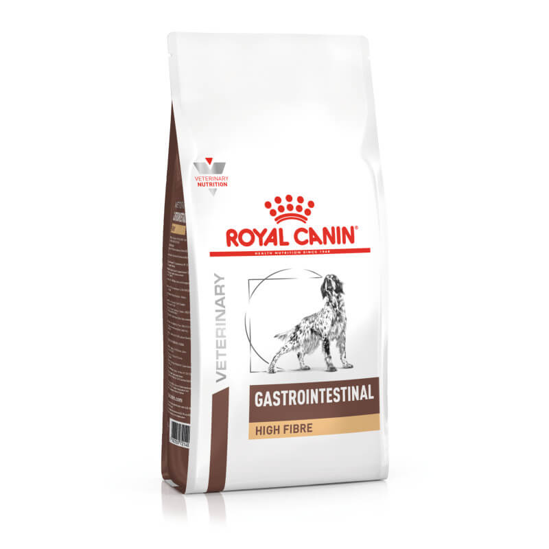 White bag of Royal Canin Veterinary Gastro Intestinal High Fibre dog food with dog illustration.