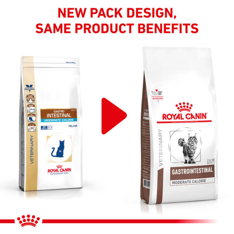 Two Royal Canin Veterinary Gastro Intestinal Moderate Calorie cat food bags, old to new design.