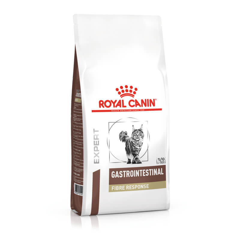 Royal Canin Veterinary Fibre Response supports constipation relief in cats.