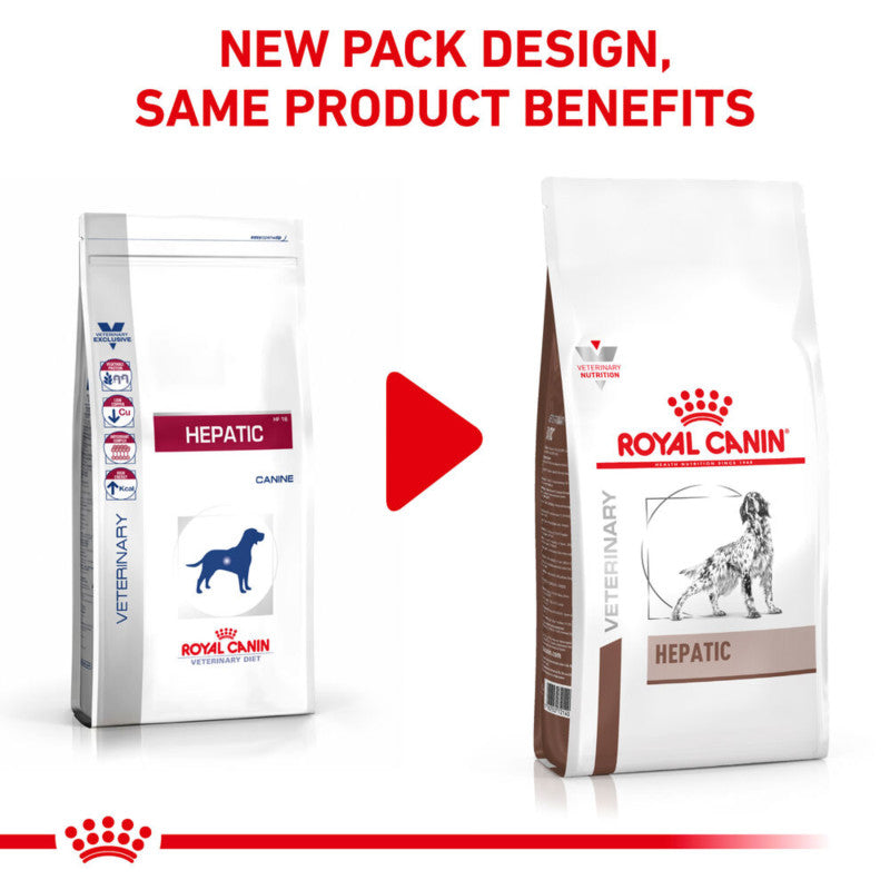 Two Royal Canin Veterinary Hepatic Dry Dog Food bags, old and new packs, shown side by side.